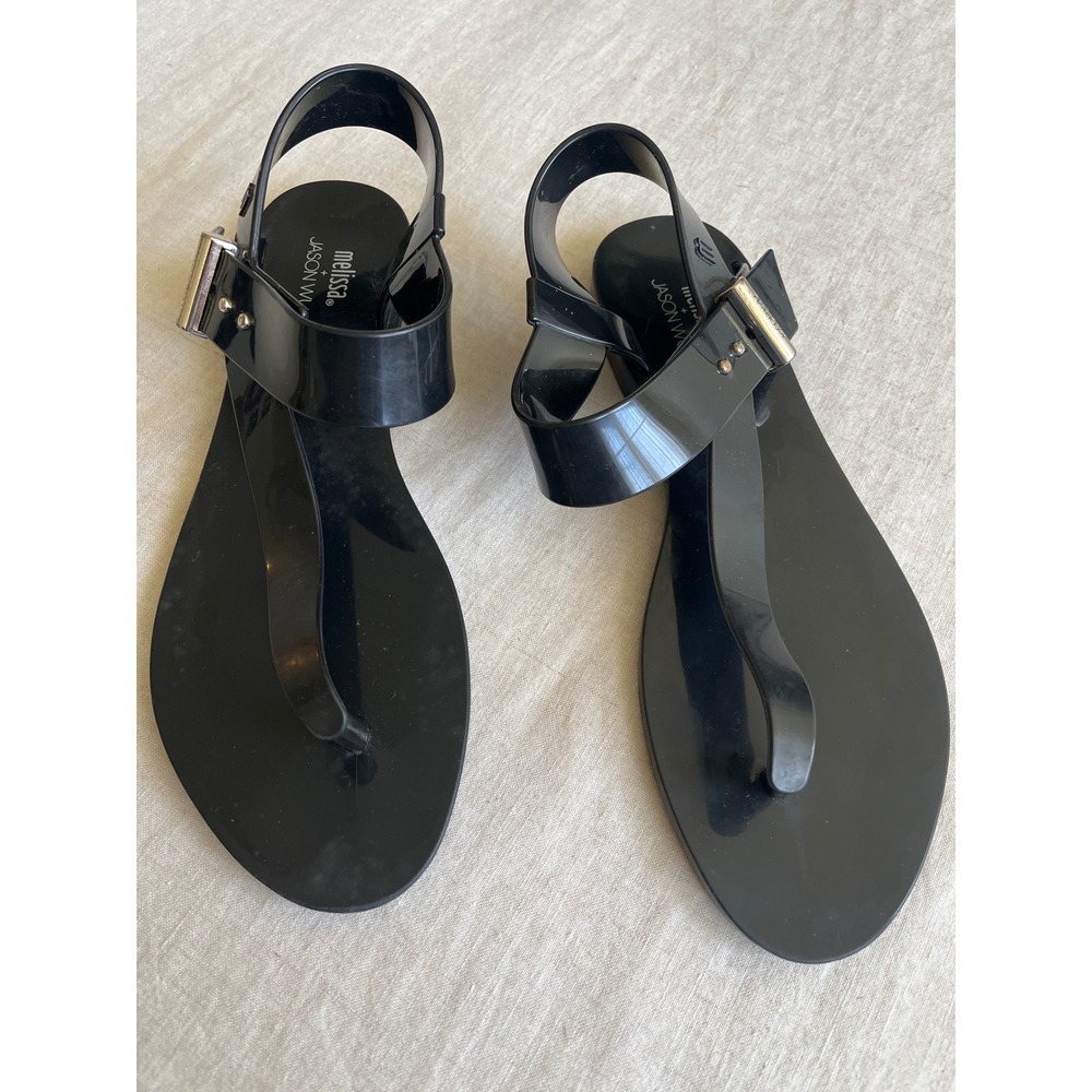 Melissa X Jason Wu Black Jelly Sandals T-Strap Ankle Buckle Flat Shoes Womens 7